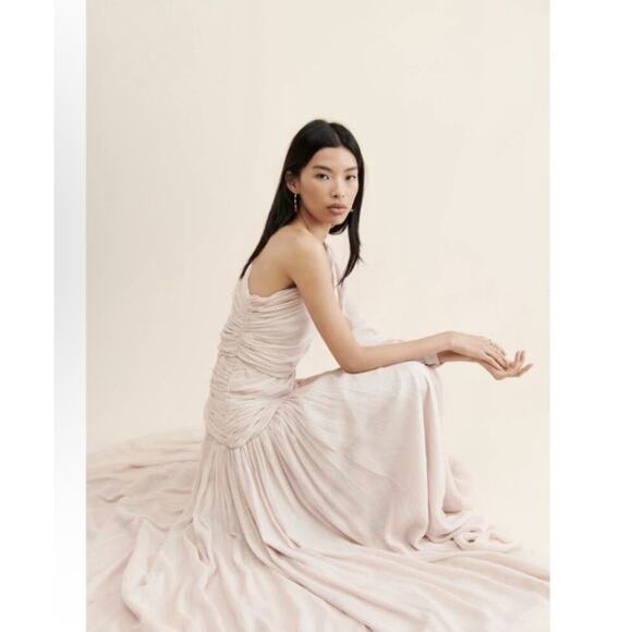 BHLDN Jade Metallic One-Shoulder Asymmetrical-Waist Gown Size 6 - Picture 4 of 9